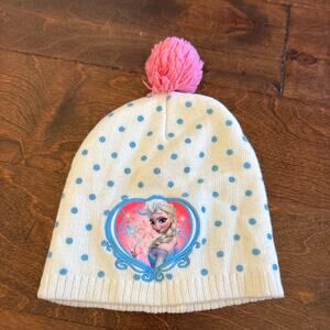 Disney Frozen Girls One Size Beanie Hat White Blue Pink Pom Winter